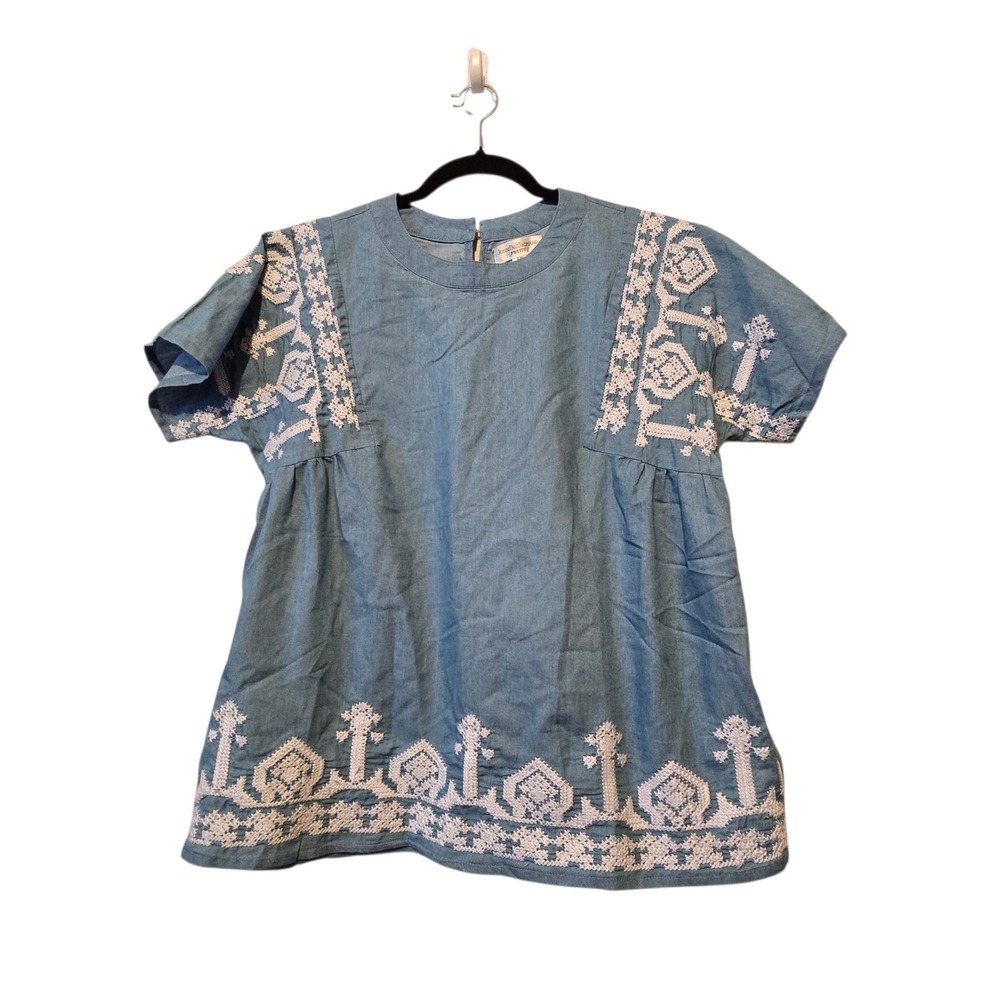 John Paul Richard Embroidered Cotton Top Blouse Women's Petite MED Blue Boho